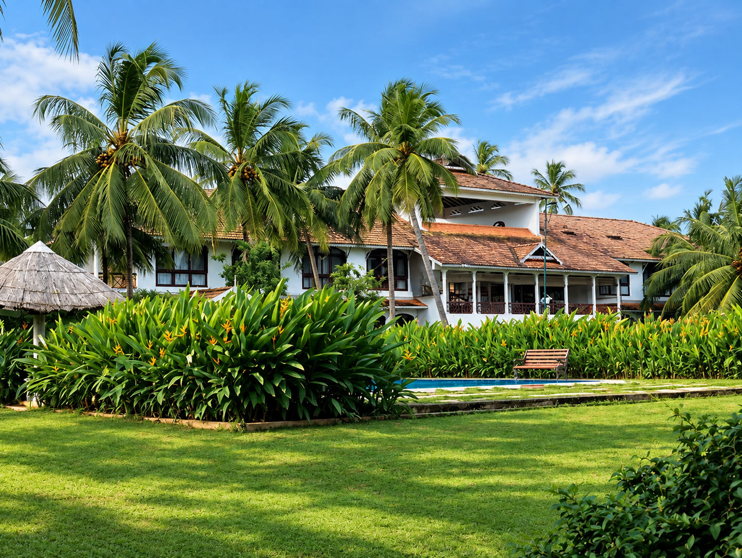 The Rajah Island main centre amid coconut palms and tropical gardens