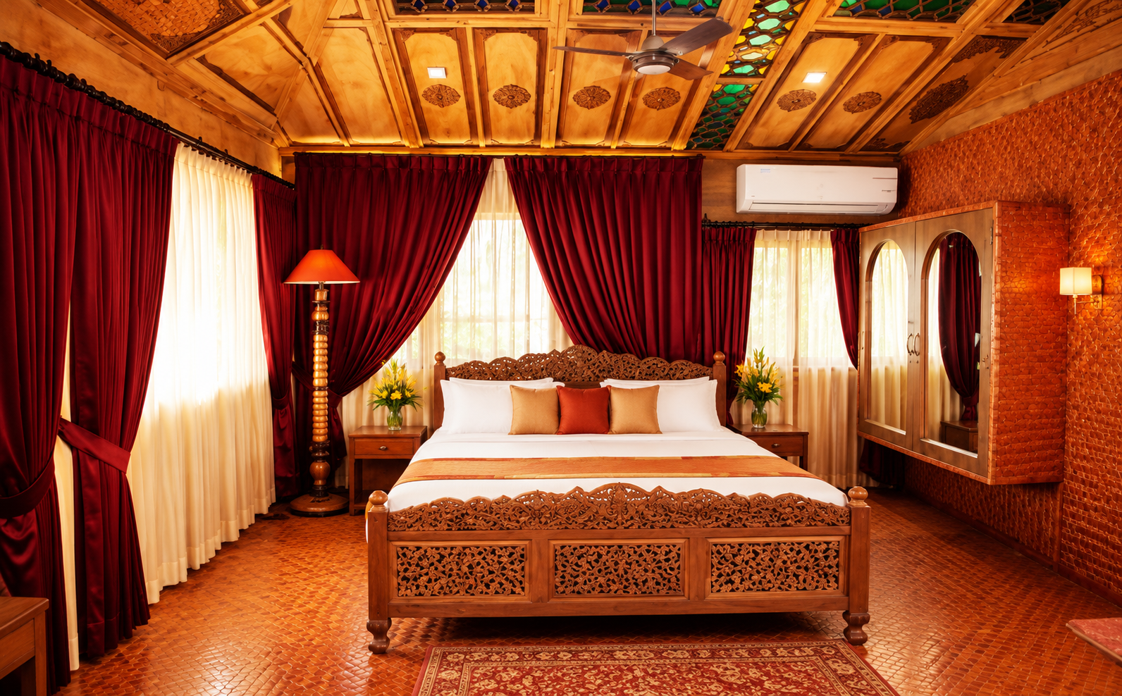 The Devdar Suite with carved wood ceiling and deep red drapery