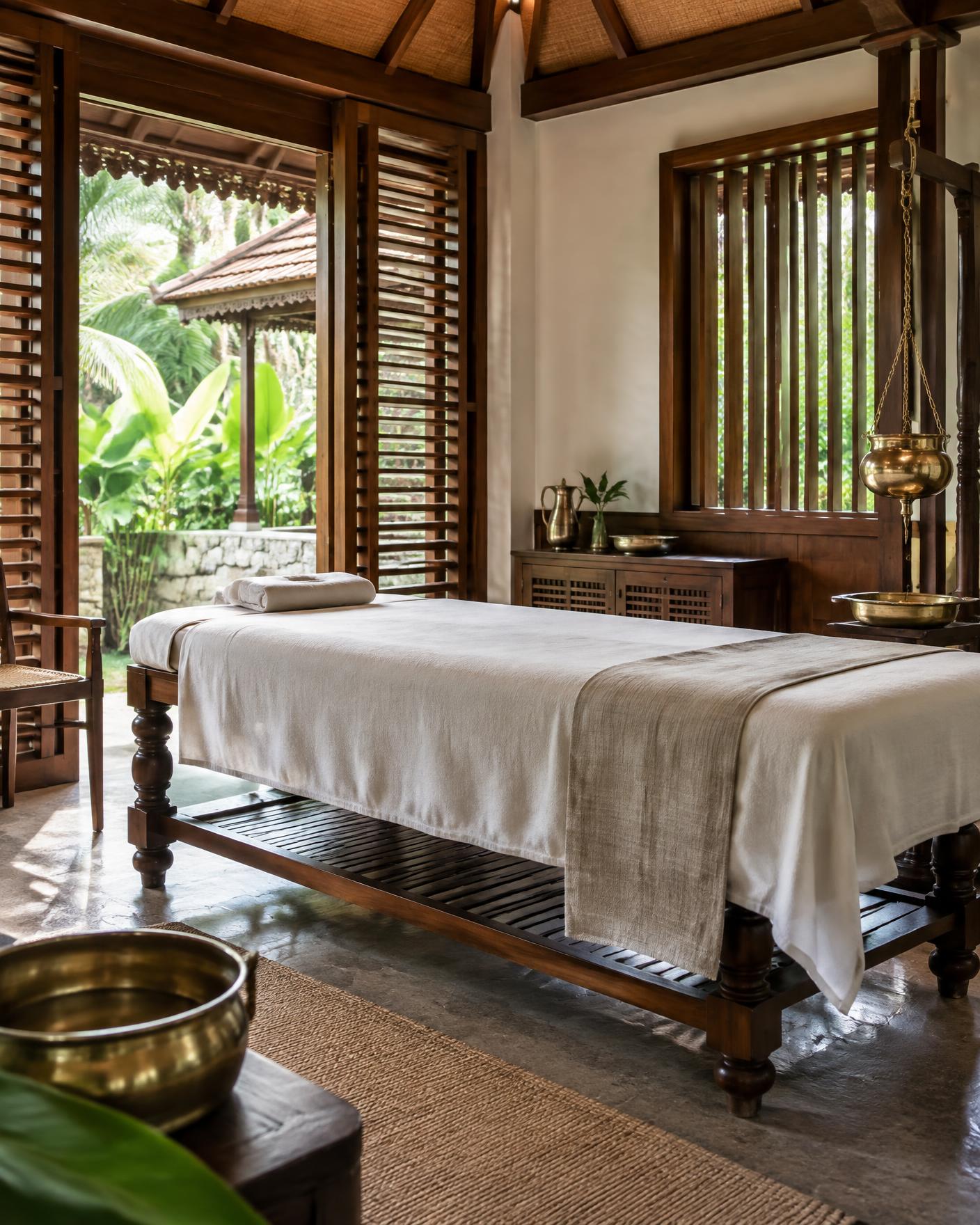 A quiet, refined Ayurvedic treatment room in Kerala