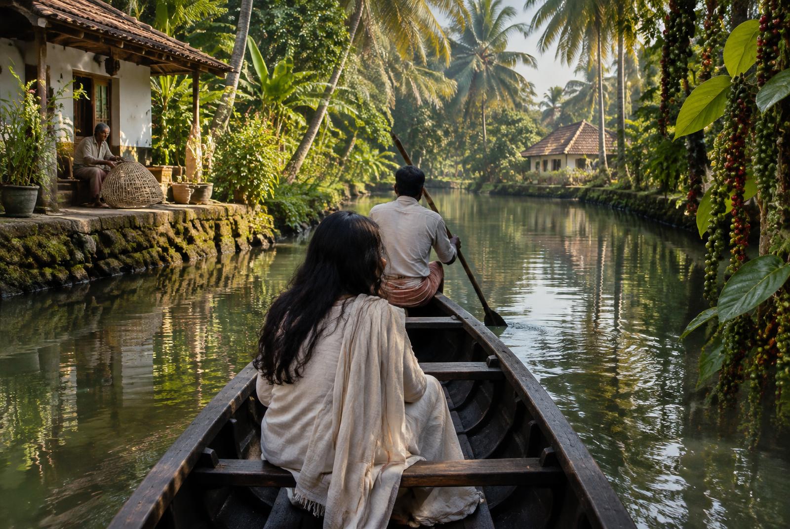 Travel by traditional boat through Kerala's palm-lined waterways