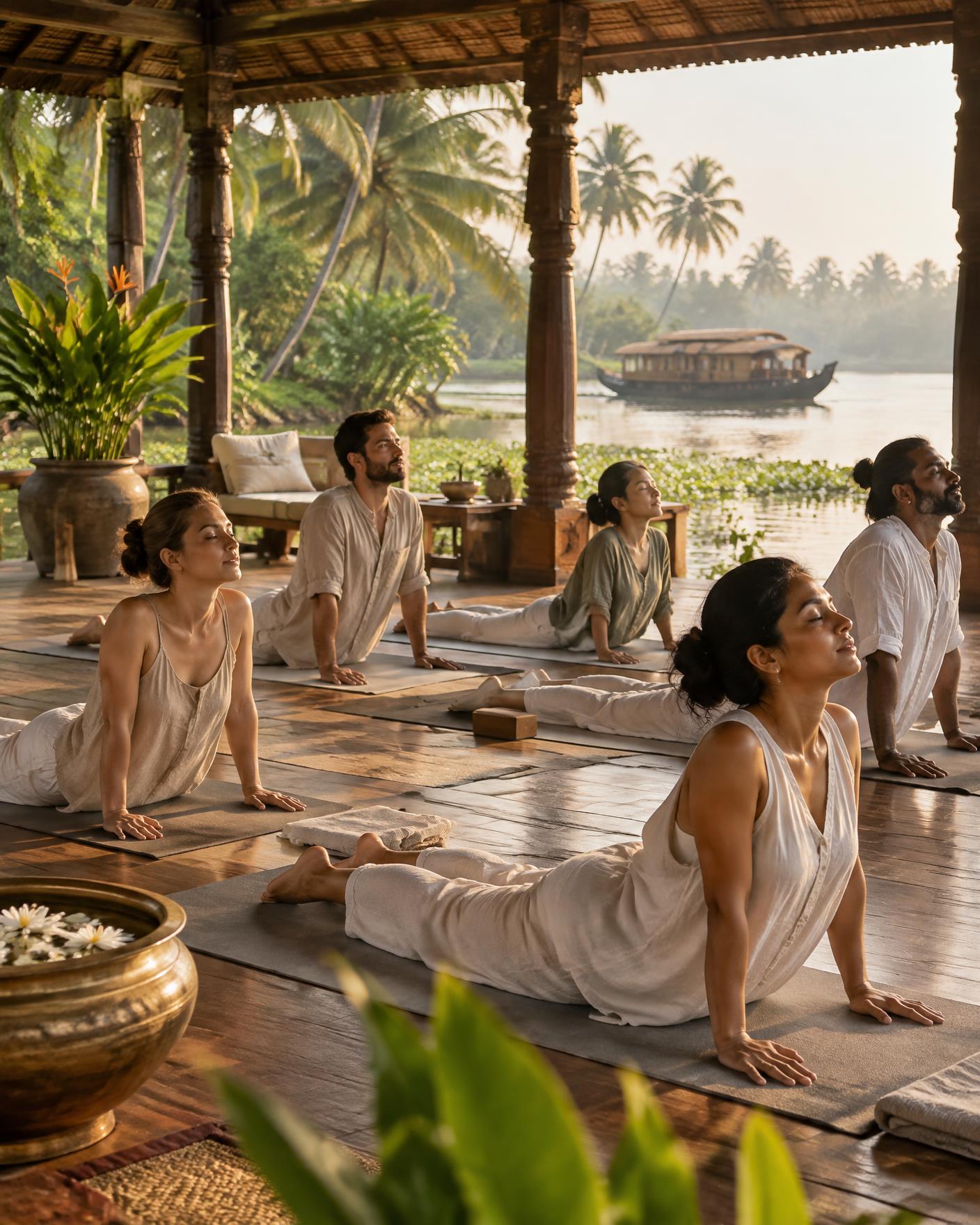 Morning yoga in an open pavilion beside the Kerala backwaters